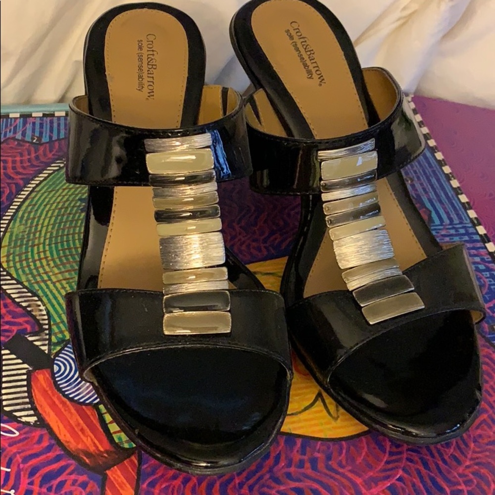 croft & barrow Black Patent Slide Heels with Silver Accents
